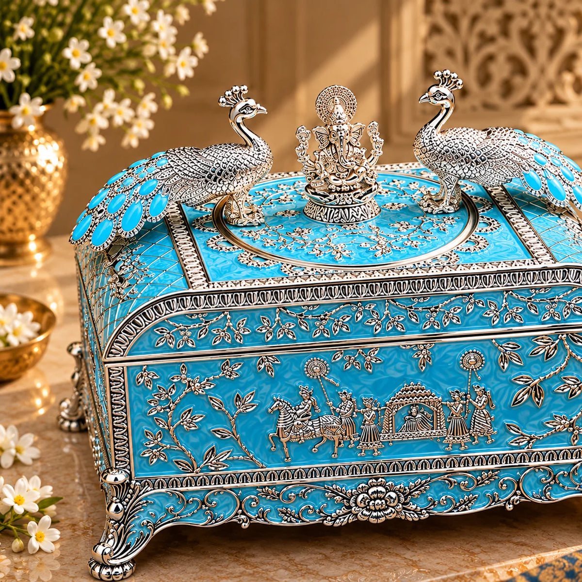 Blue Ganesha Peacock Decorative Jewellery Box