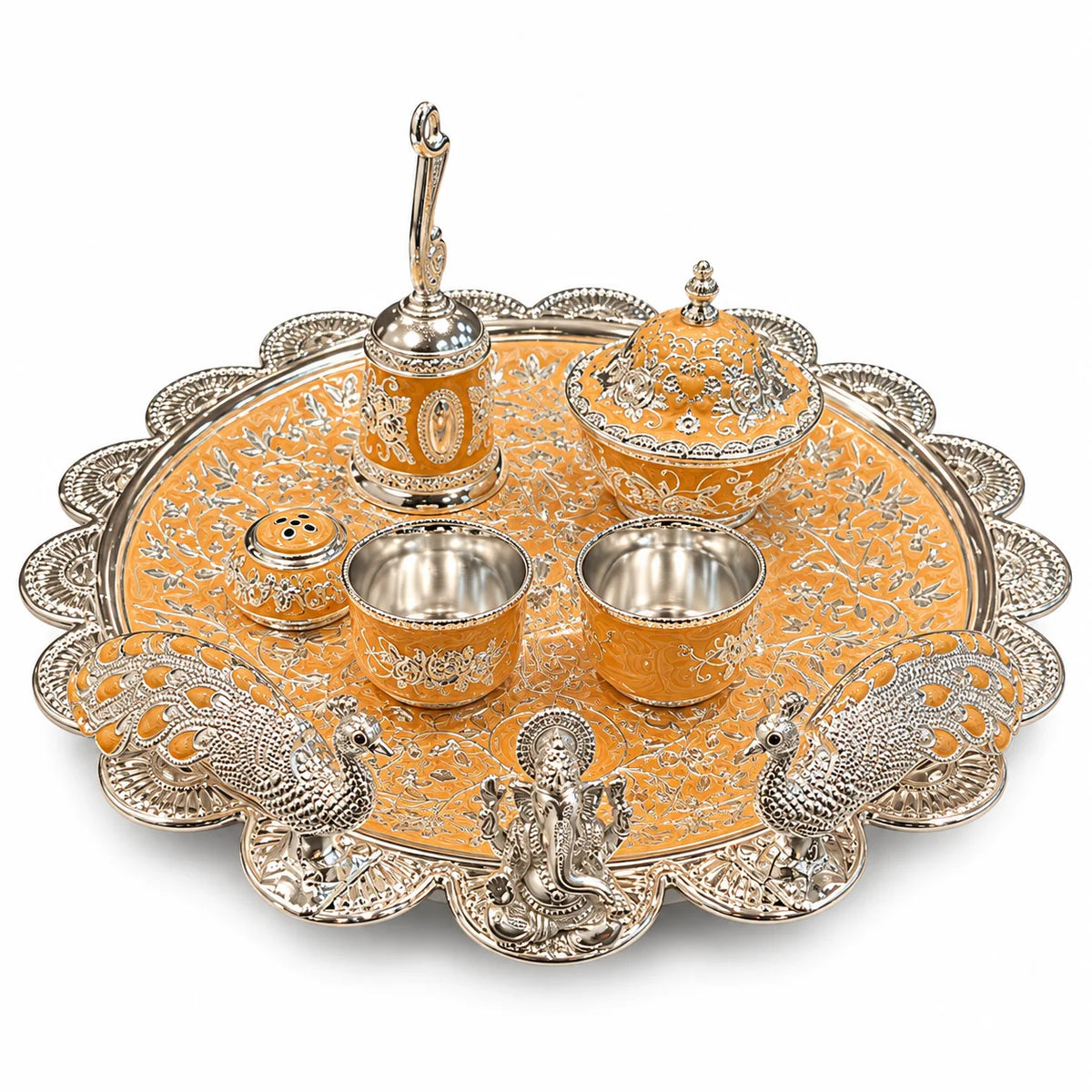 Orange Royal Peacock Pooja Thali Set with Ganesha