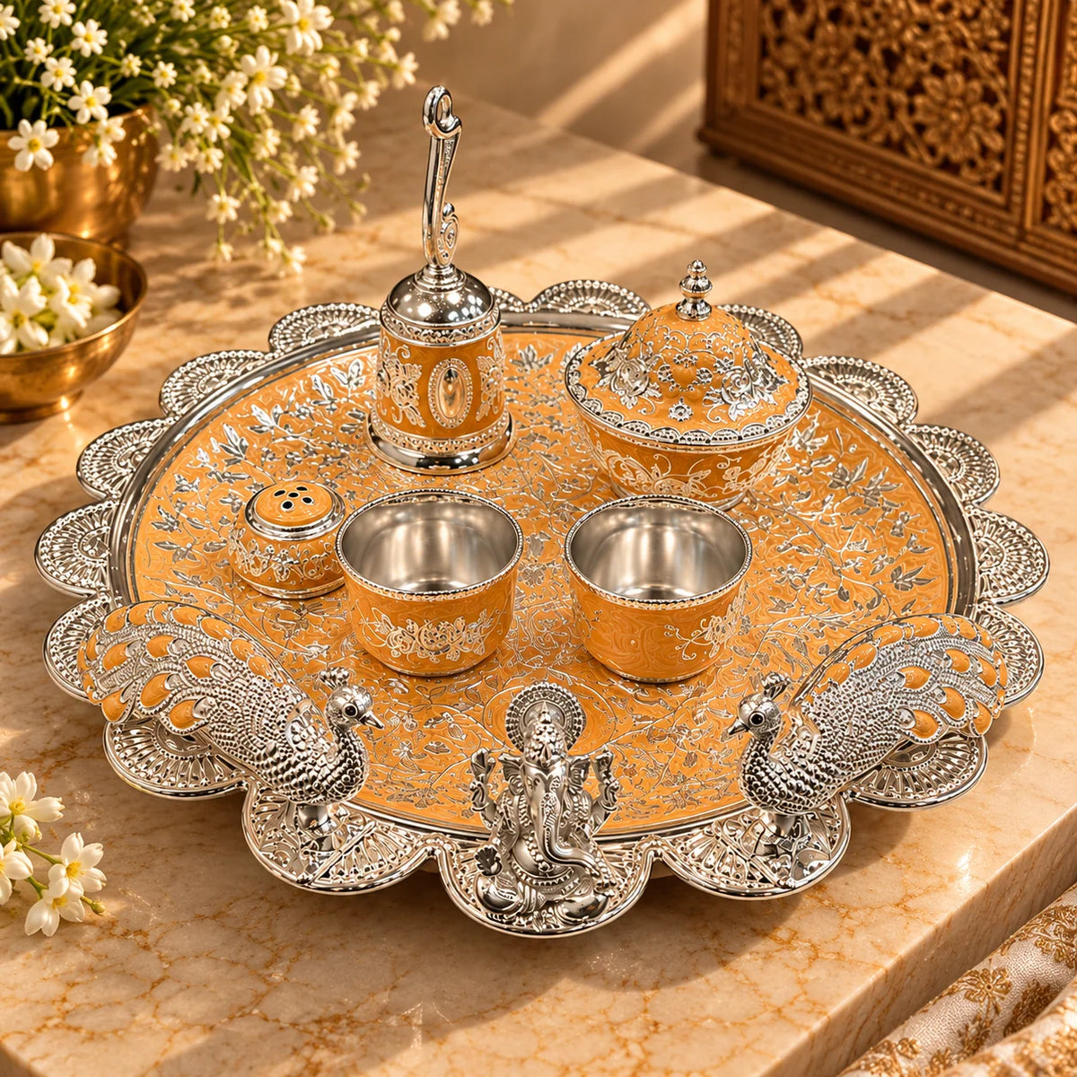 Orange Royal Peacock Pooja Thali Set with Ganesha