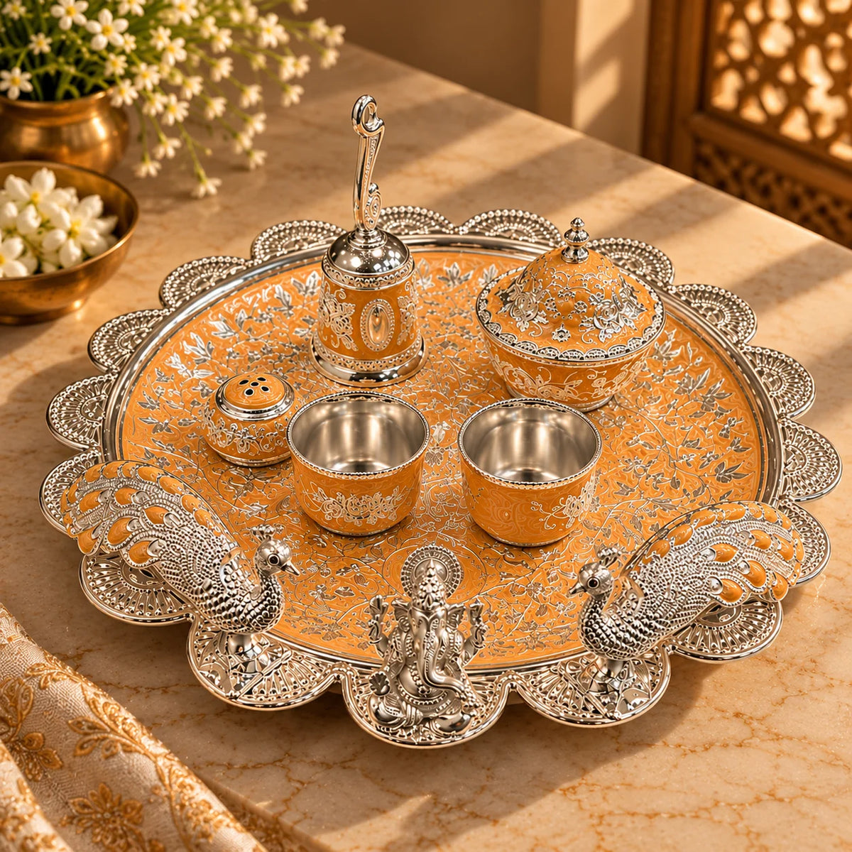 Orange Royal Peacock Pooja Thali Set with Ganesha