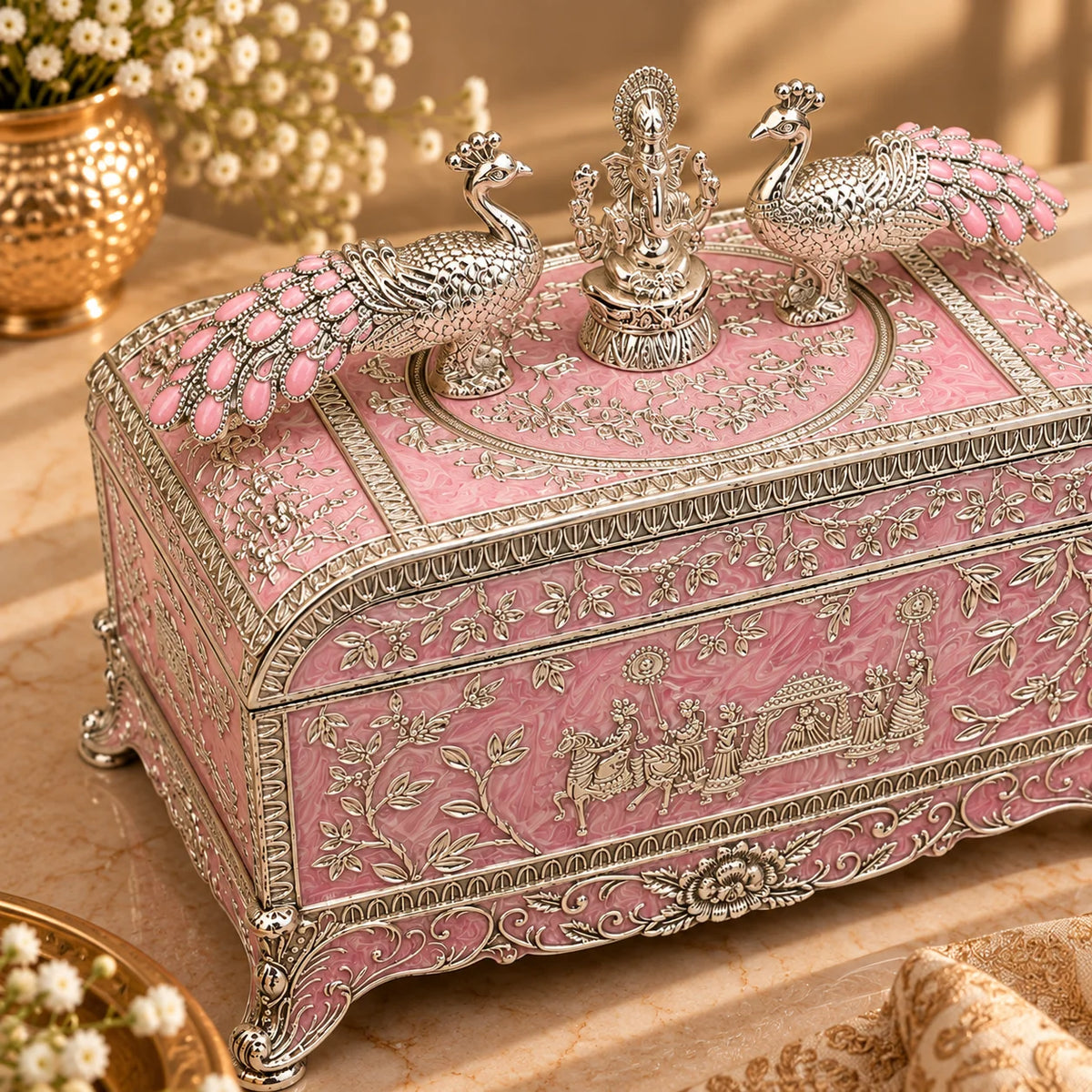 Pink Ganesha Peacock Decorative Jewellery Box