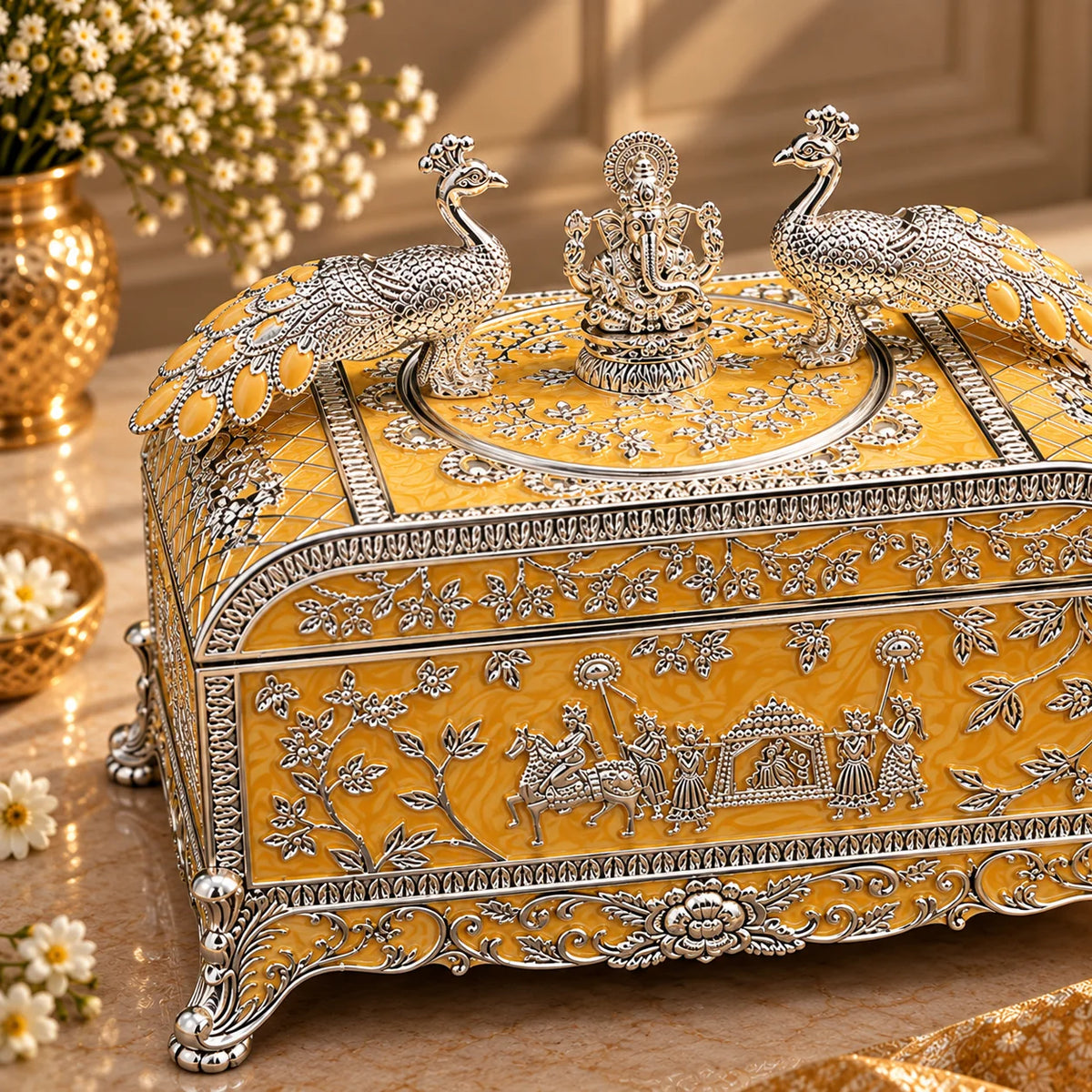 Yellow Ganesha Peacock Decorative Jewellery Box