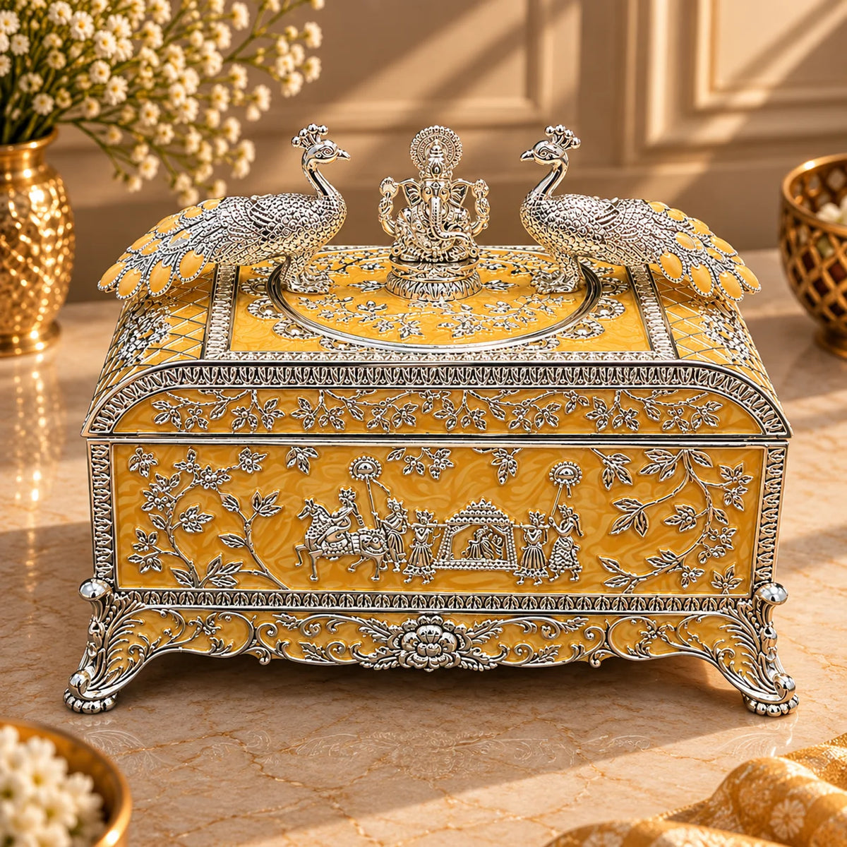Yellow Ganesha Peacock Decorative Jewellery Box