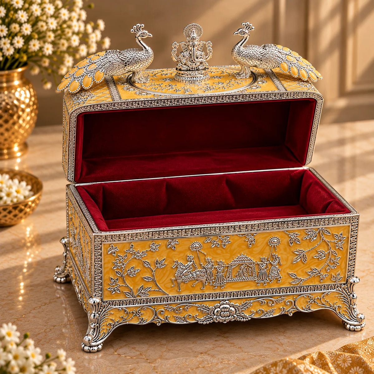Yellow Ganesha Peacock Decorative Jewellery Box
