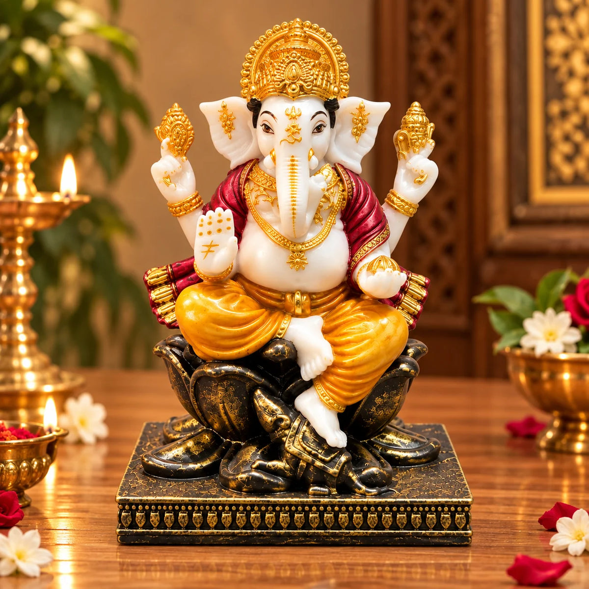 White Ganesha Statue with Golden Crown | Lord Ganesha Idol for Home & Pooja Décor