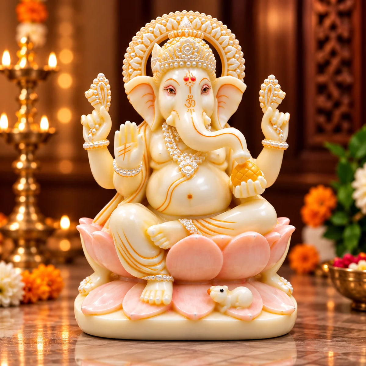 White Ganesha Idol on Lotus | Elegant Lord Ganesh Murti for Home & Pooja Decor
