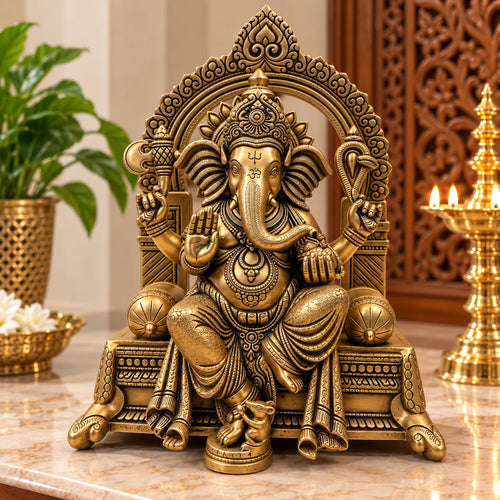 Antique Brass Finish Lord Ganesha Statue with Ornate Decorative Arch