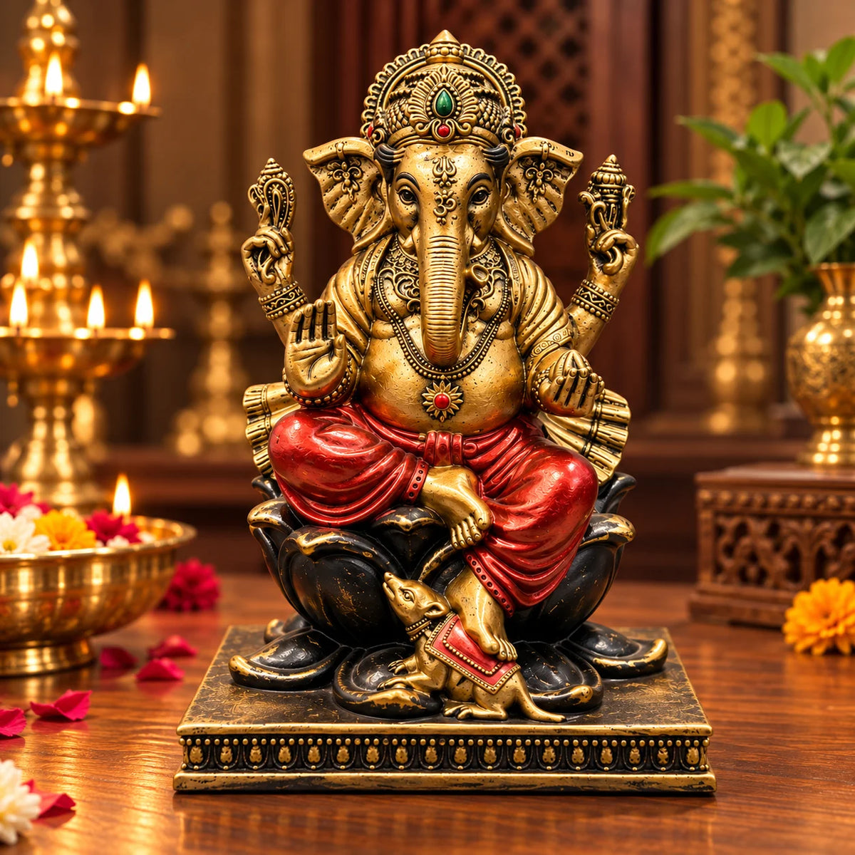 Antique Golden Lord Ganesha Statue with Red Dhoti
