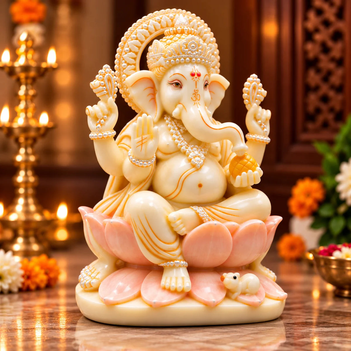 White Ganesha Idol on Lotus | Elegant Lord Ganesh Murti for Home & Pooja Decor