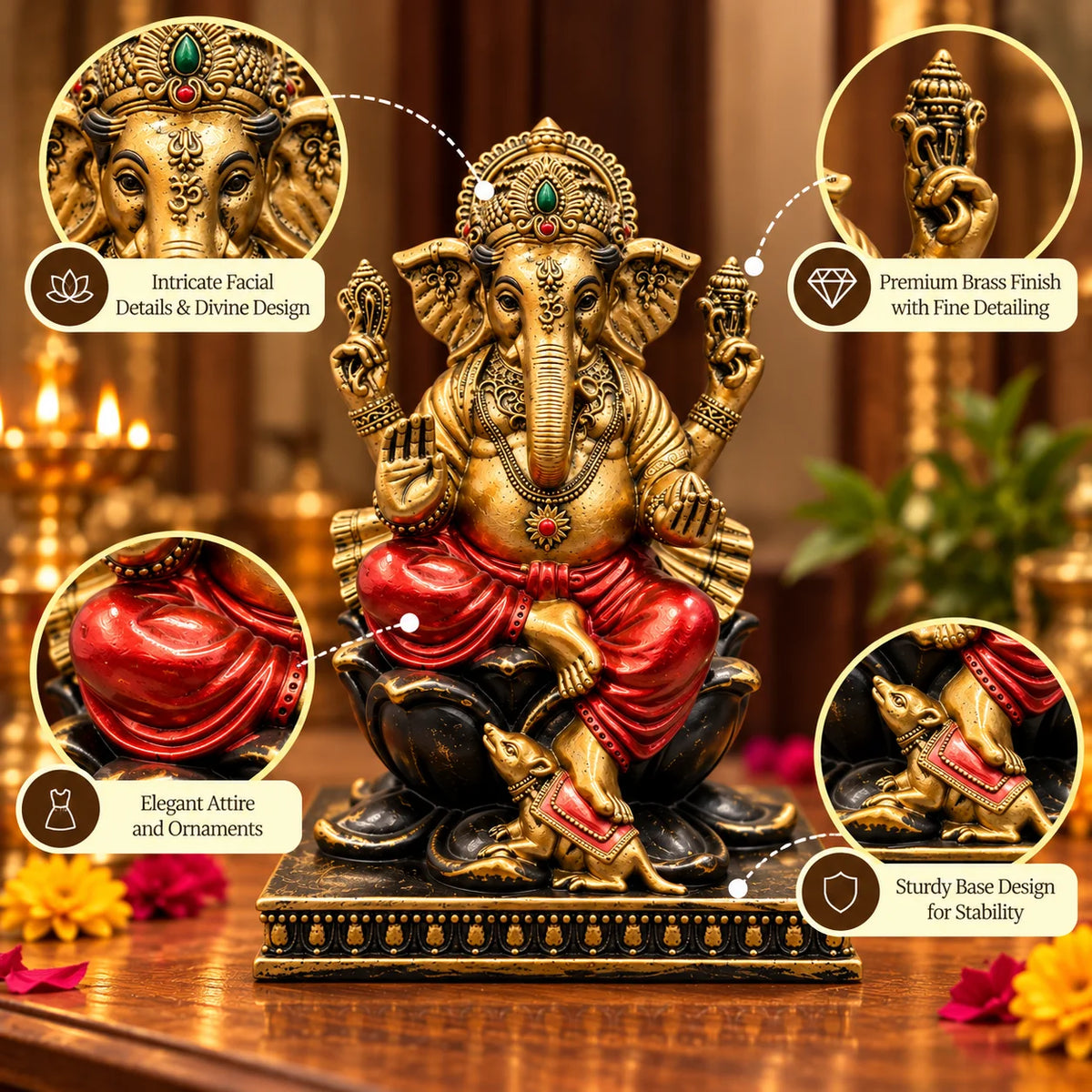 Antique Golden Lord Ganesha Statue with Red Dhoti