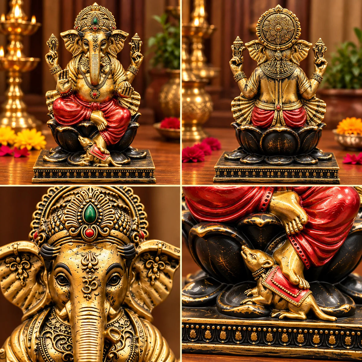 Antique Golden Lord Ganesha Statue with Red Dhoti