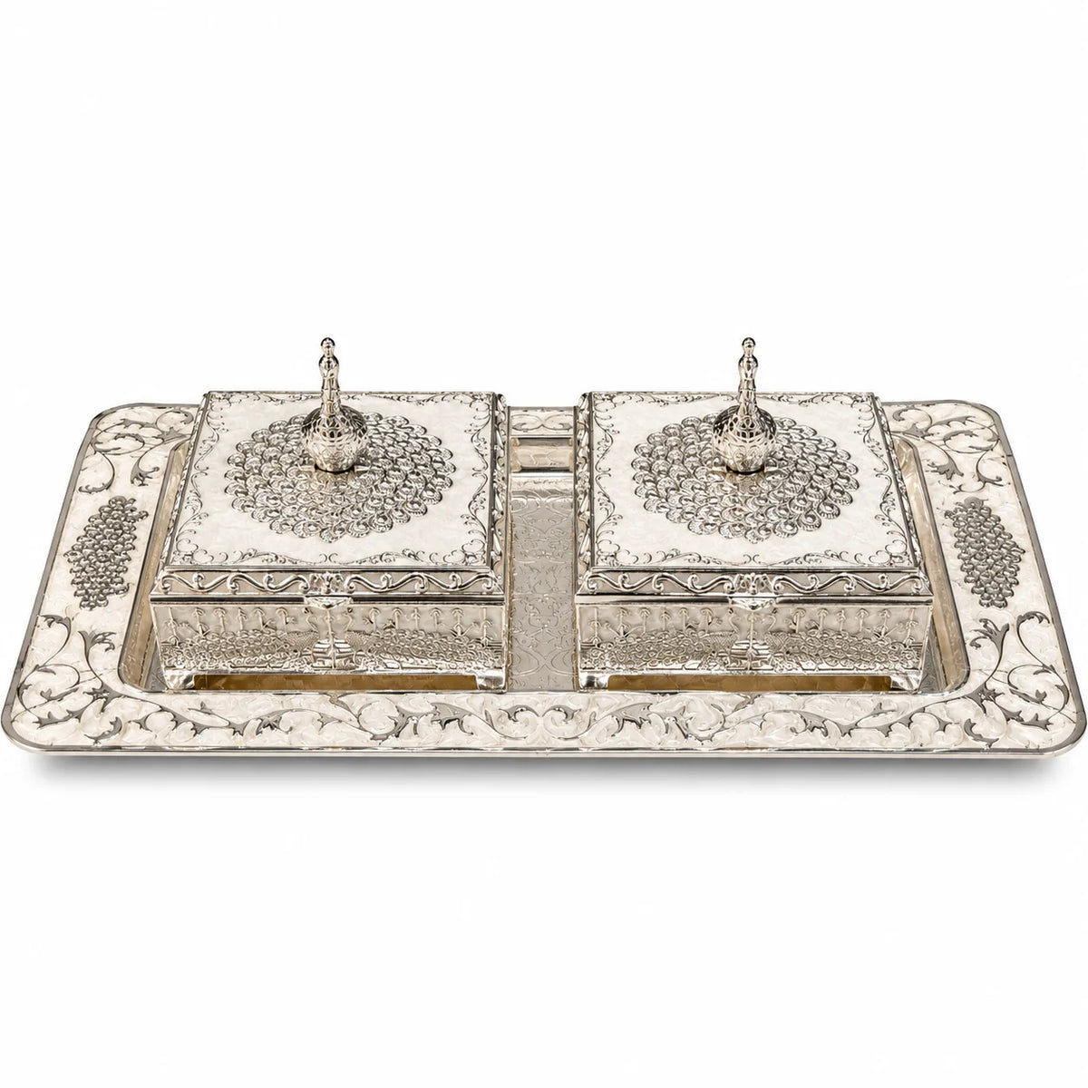 Silver Decorative Gift Tray Set with Two Ornate Square Boxes