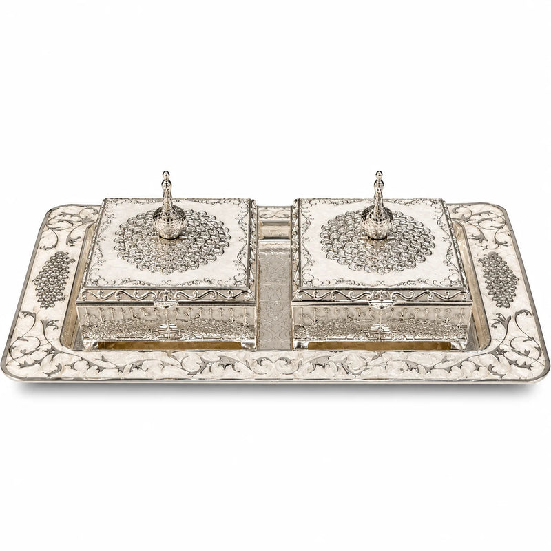 Silver Decorative Gift Tray Set with Two Ornate Square Boxes