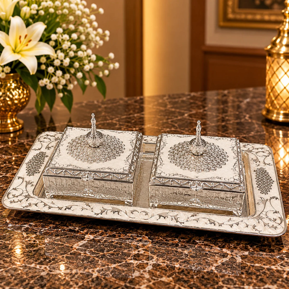 Silver Decorative Gift Tray Set with Two Ornate Square Boxes