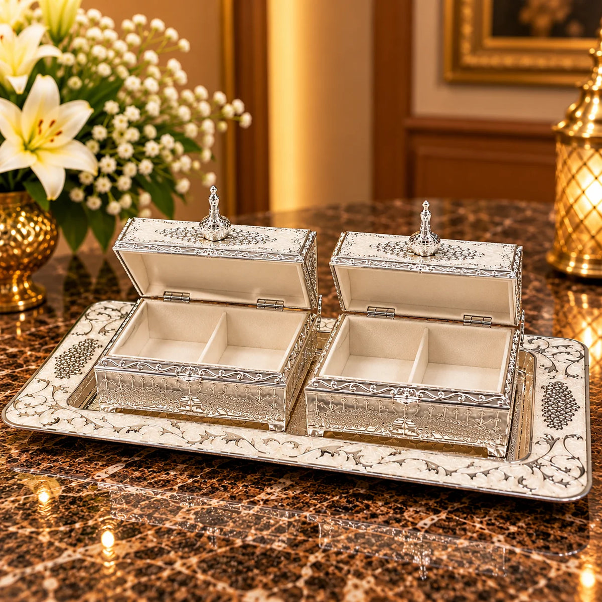 Silver Decorative Gift Tray Set with Two Ornate Square Boxes