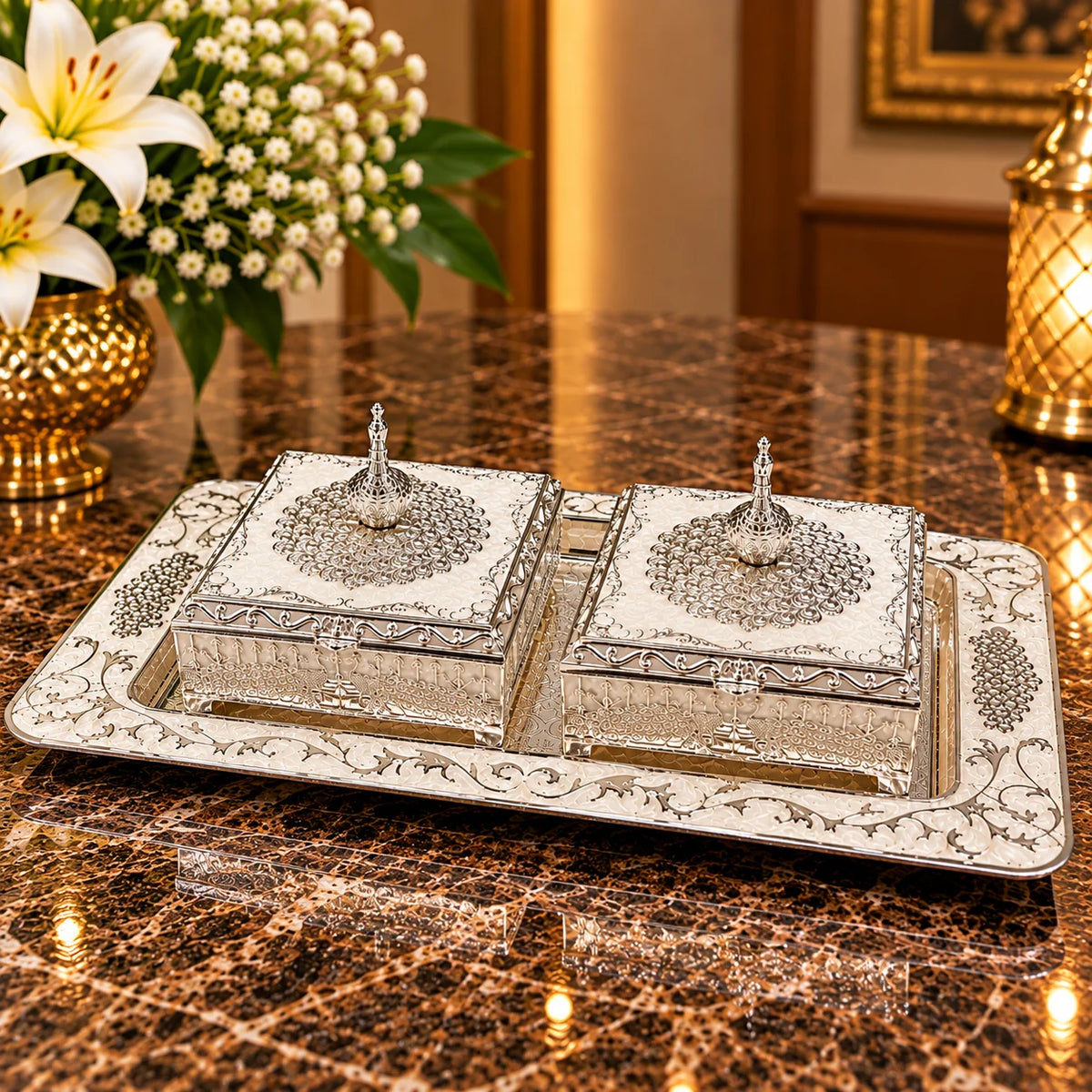 Silver Decorative Gift Tray Set with Two Ornate Square Boxes