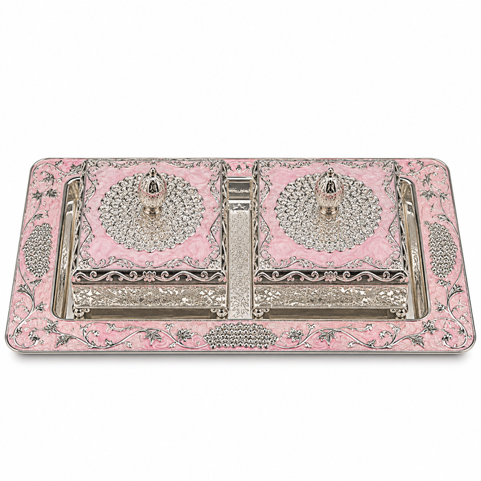 Pink Decorative Jewellery Box Set with Silver Floral Embossed Tray