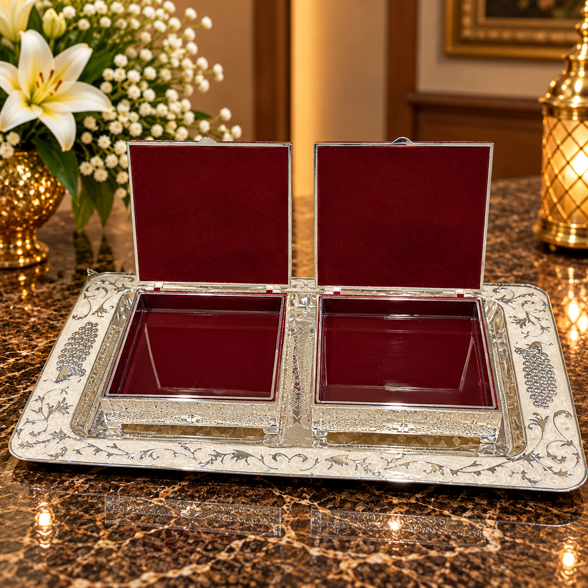 Pink Decorative Jewellery Box Set with Silver Floral Embossed Tray