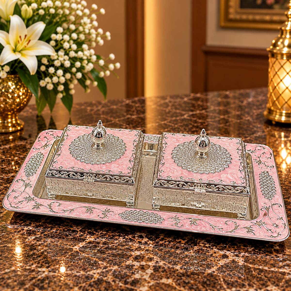 Pink Decorative Jewellery Box Set with Silver Floral Embossed Tray