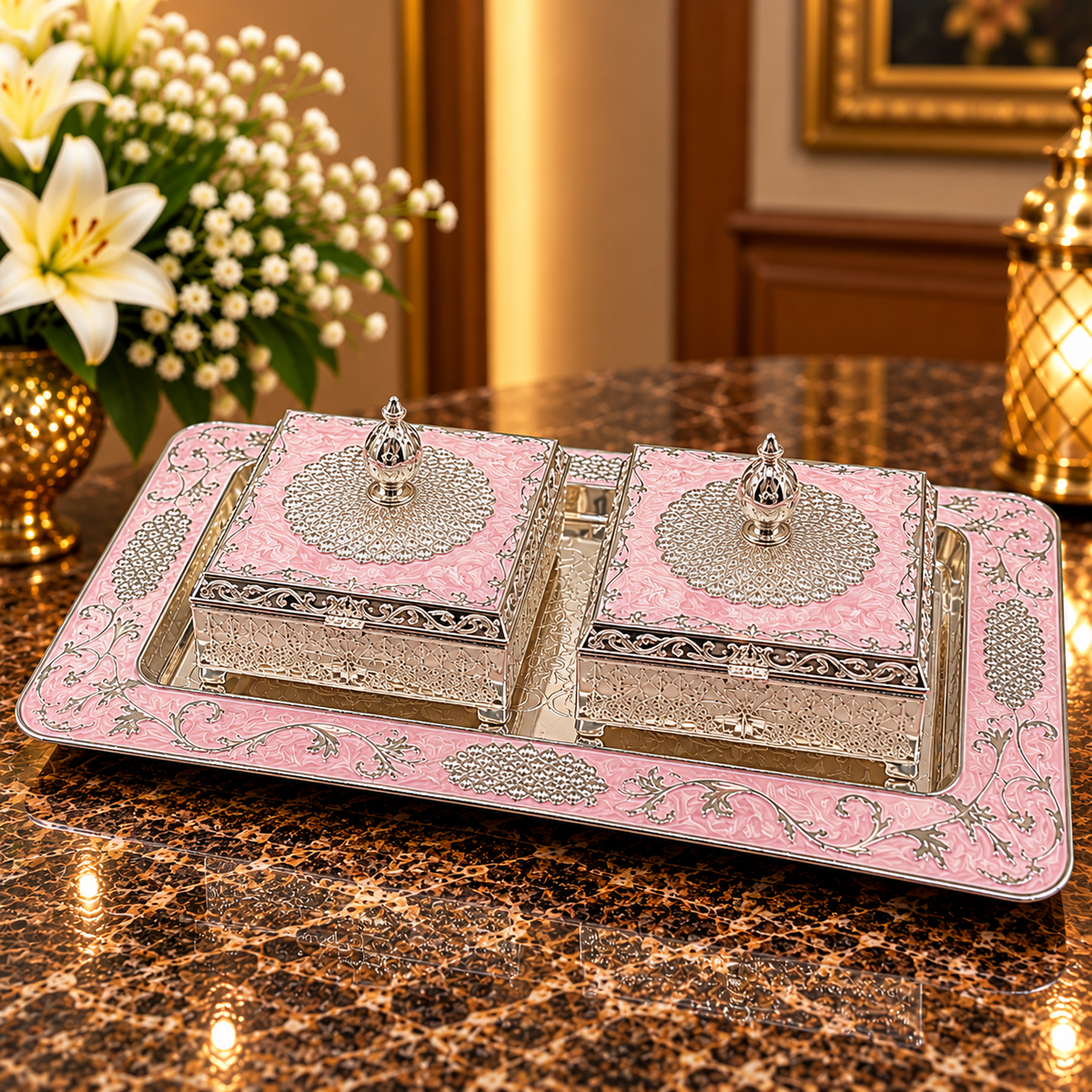 Pink Decorative Jewellery Box Set with Silver Floral Embossed Tray