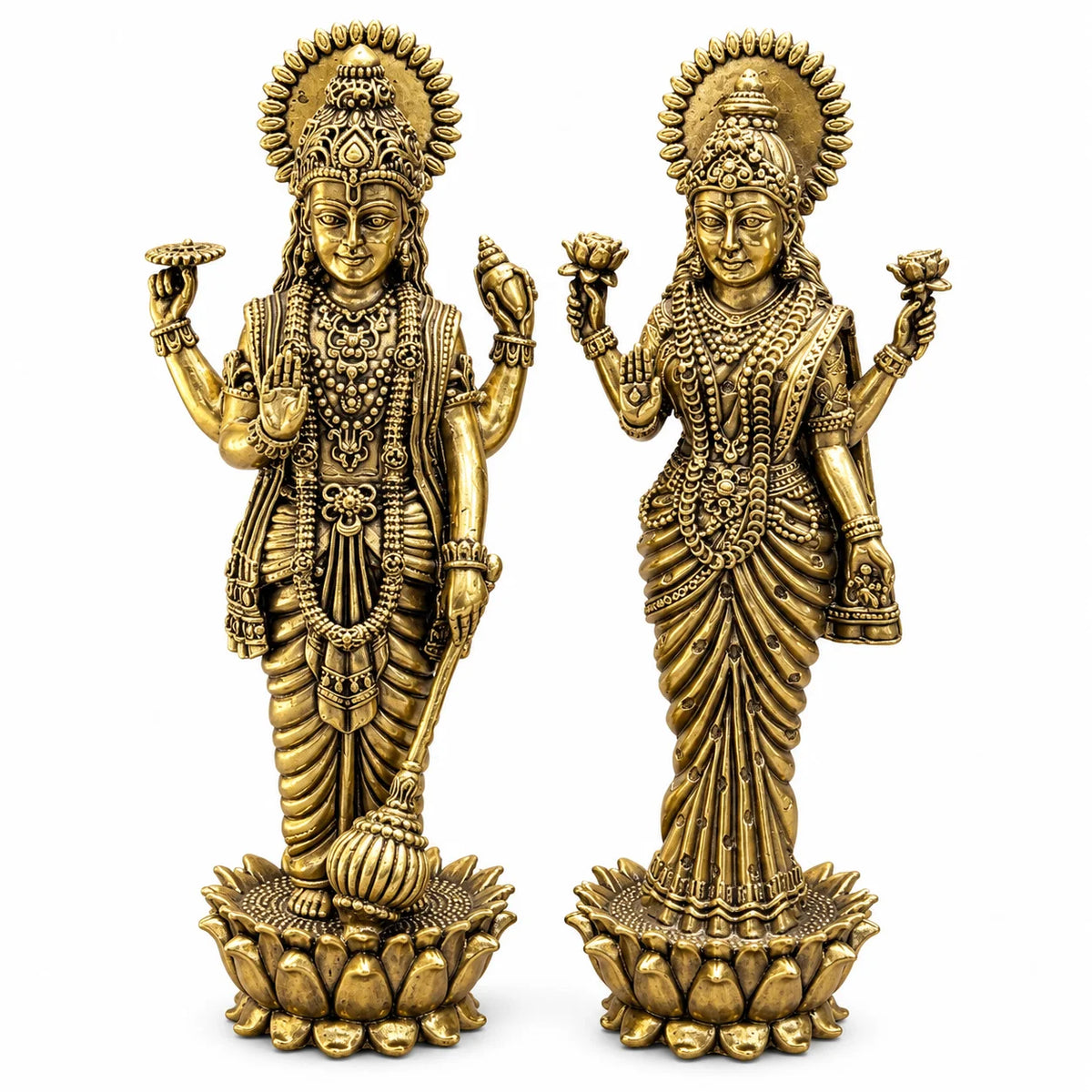 Antique Gold Vishnu Lakshmi Idol Set with Lotus Base