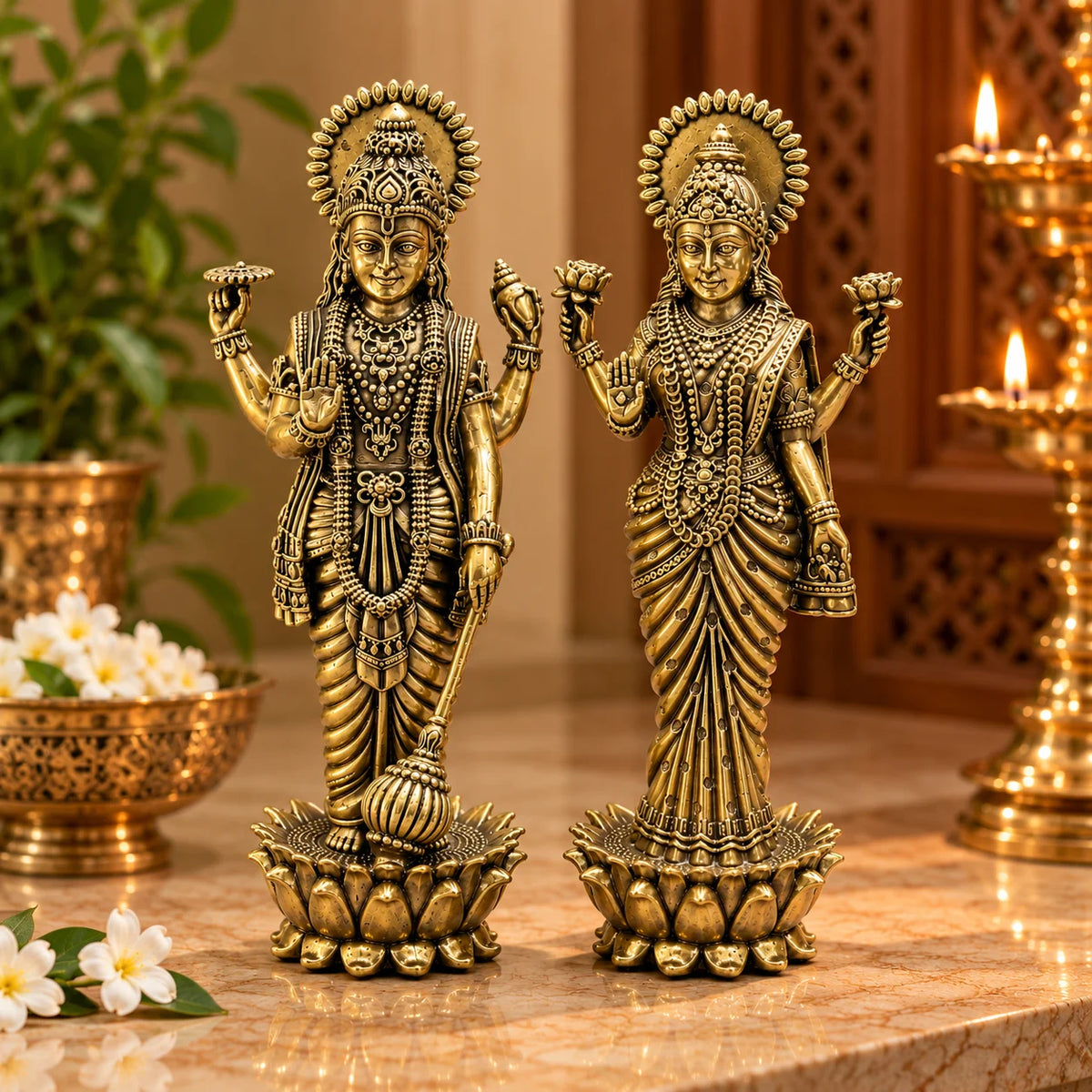 Antique Gold Vishnu Lakshmi Idol Set with Lotus Base