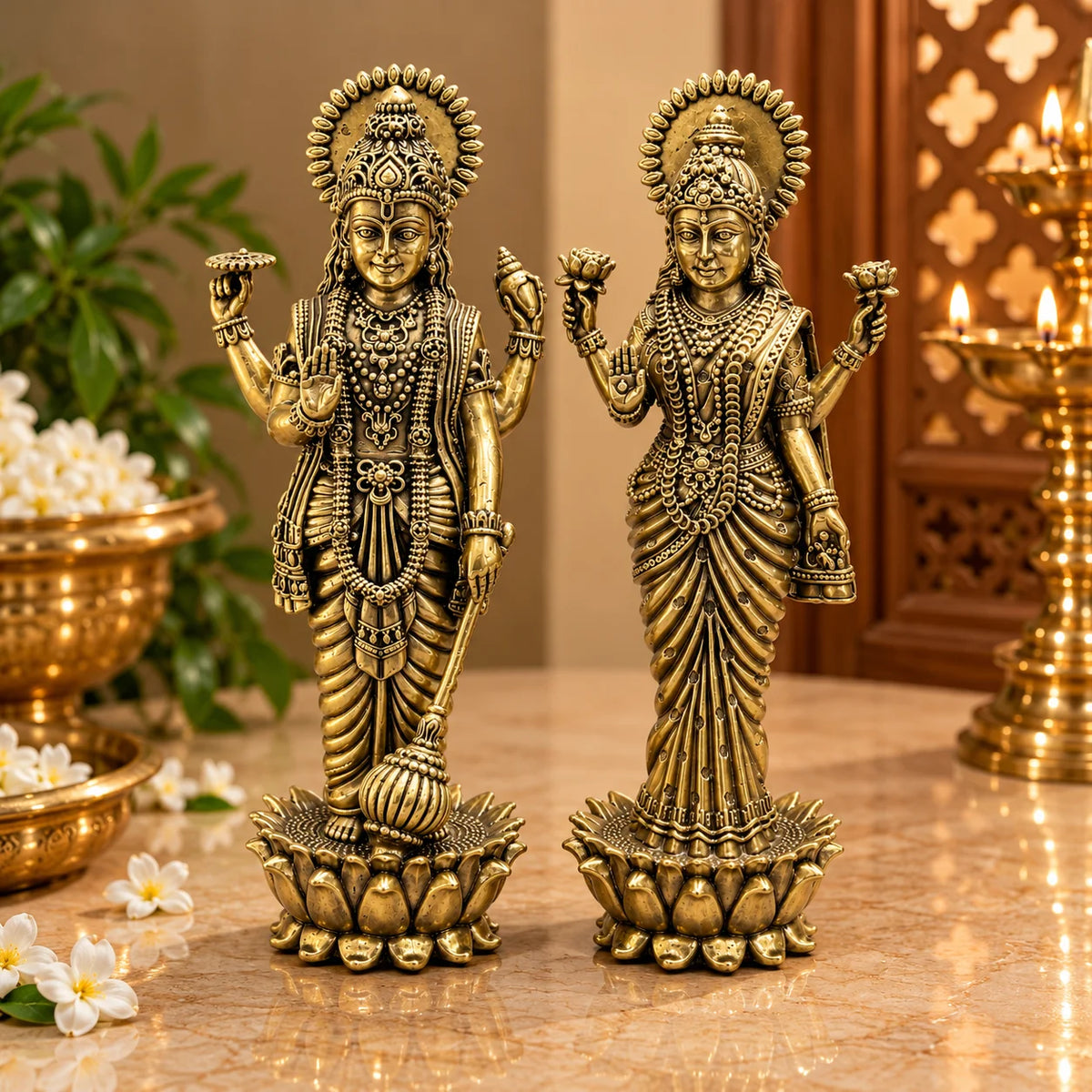 Antique Gold Vishnu Lakshmi Idol Set with Lotus Base