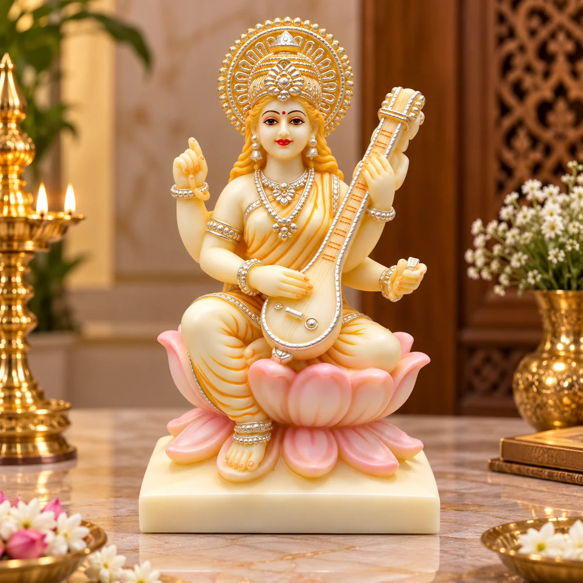 Goddess Saraswati Idol on Lotus | White Saraswati Murti for Home & Pooja Decor