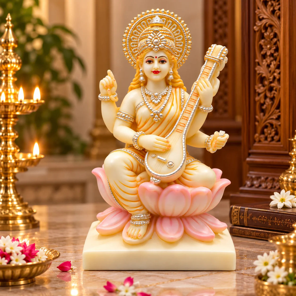 Goddess Saraswati Idol on Lotus | White Saraswati Murti for Home & Pooja Decor