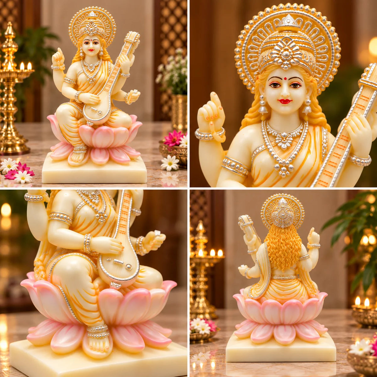 Goddess Saraswati Idol on Lotus | White Saraswati Murti for Home & Pooja Decor