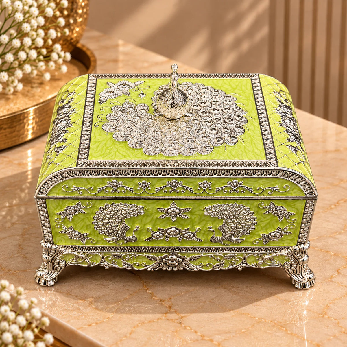 Green Peacock Embossed Decorative Jewellery Box