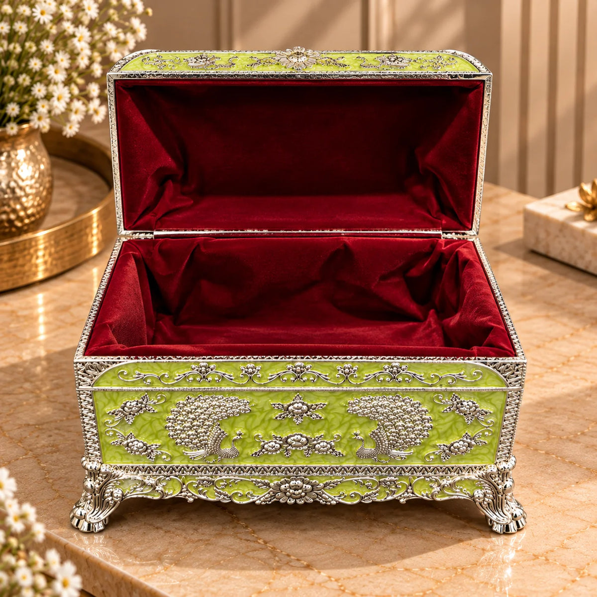 Green Peacock Embossed Decorative Jewellery Box