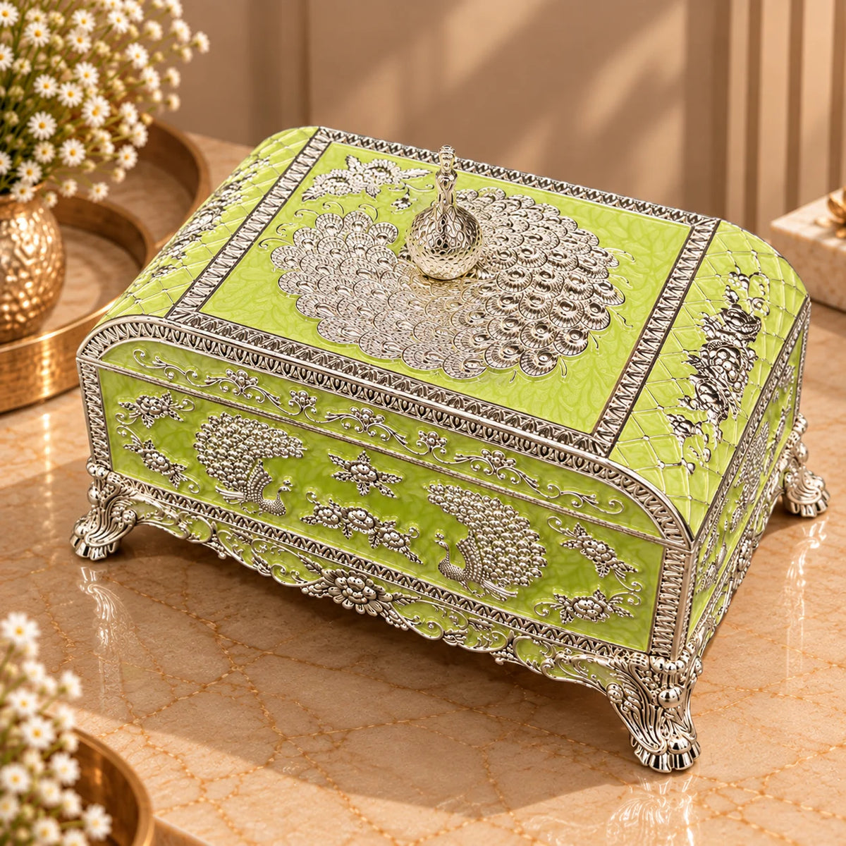 Green Peacock Embossed Decorative Jewellery Box