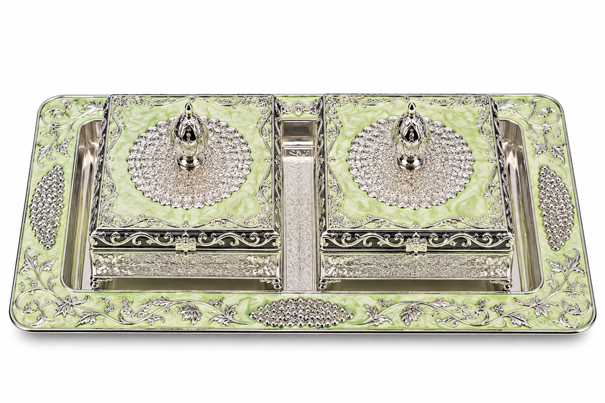 Green Decorative Jewellery Box Set with Silver Floral Embossed Tray