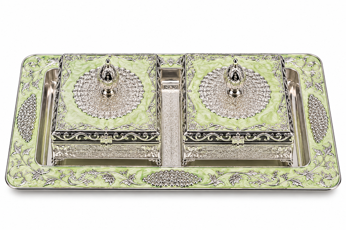 Green Decorative Jewellery Box Set with Silver Floral Embossed Tray