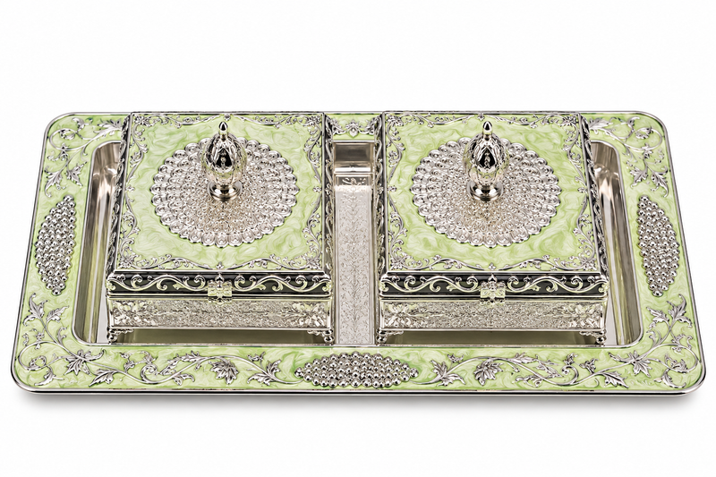 Green Decorative Jewellery Box Set with Silver Floral Embossed Tray