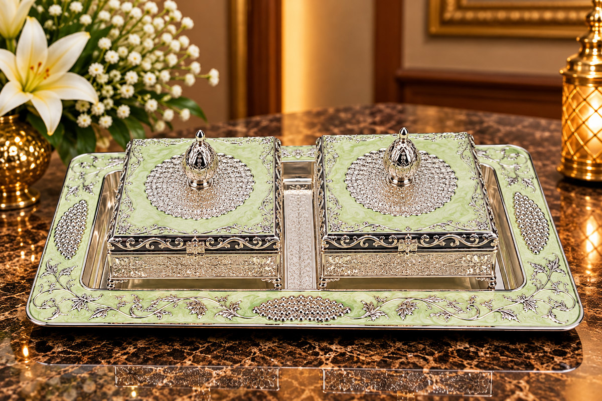 Green Decorative Jewellery Box Set with Silver Floral Embossed Tray