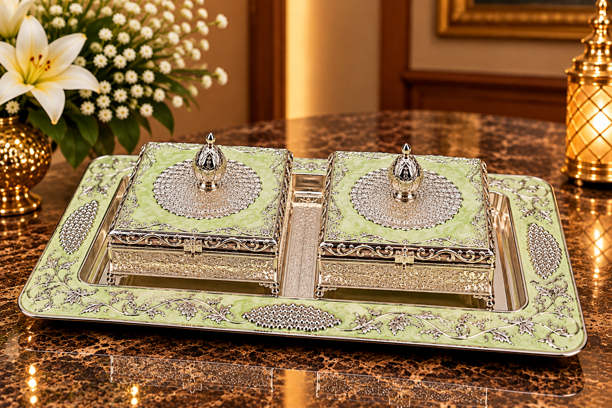 Green Decorative Jewellery Box Set with Silver Floral Embossed Tray