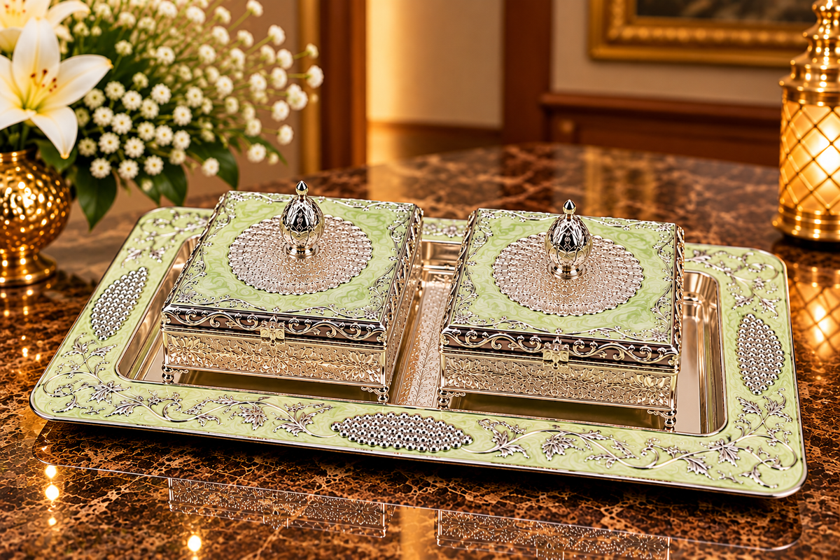 Green Decorative Jewellery Box Set with Silver Floral Embossed Tray