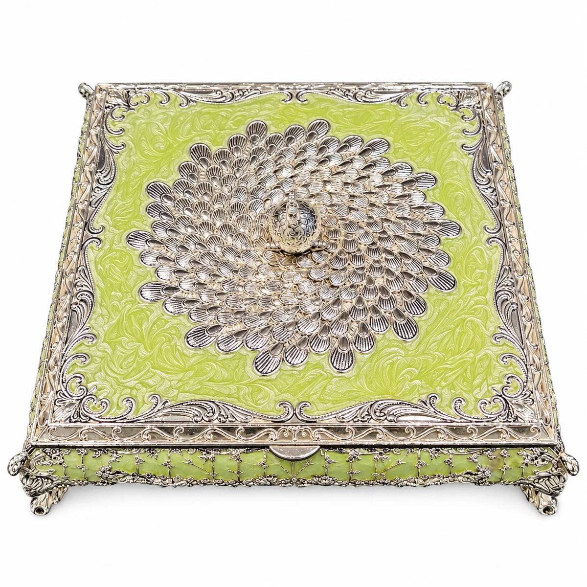 Lime Green Silver Embossed Decorative Jewellery Box