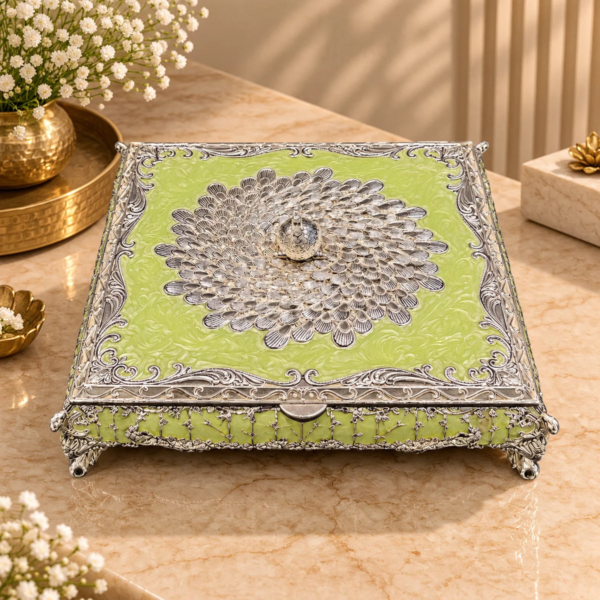 Lime Green Silver Embossed Decorative Jewellery Box