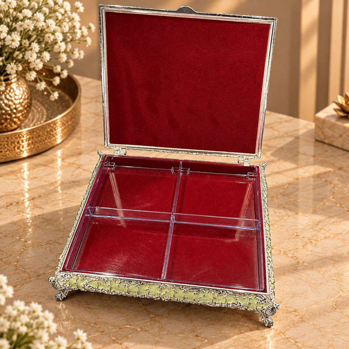 Lime Green Silver Embossed Decorative Jewellery Box
