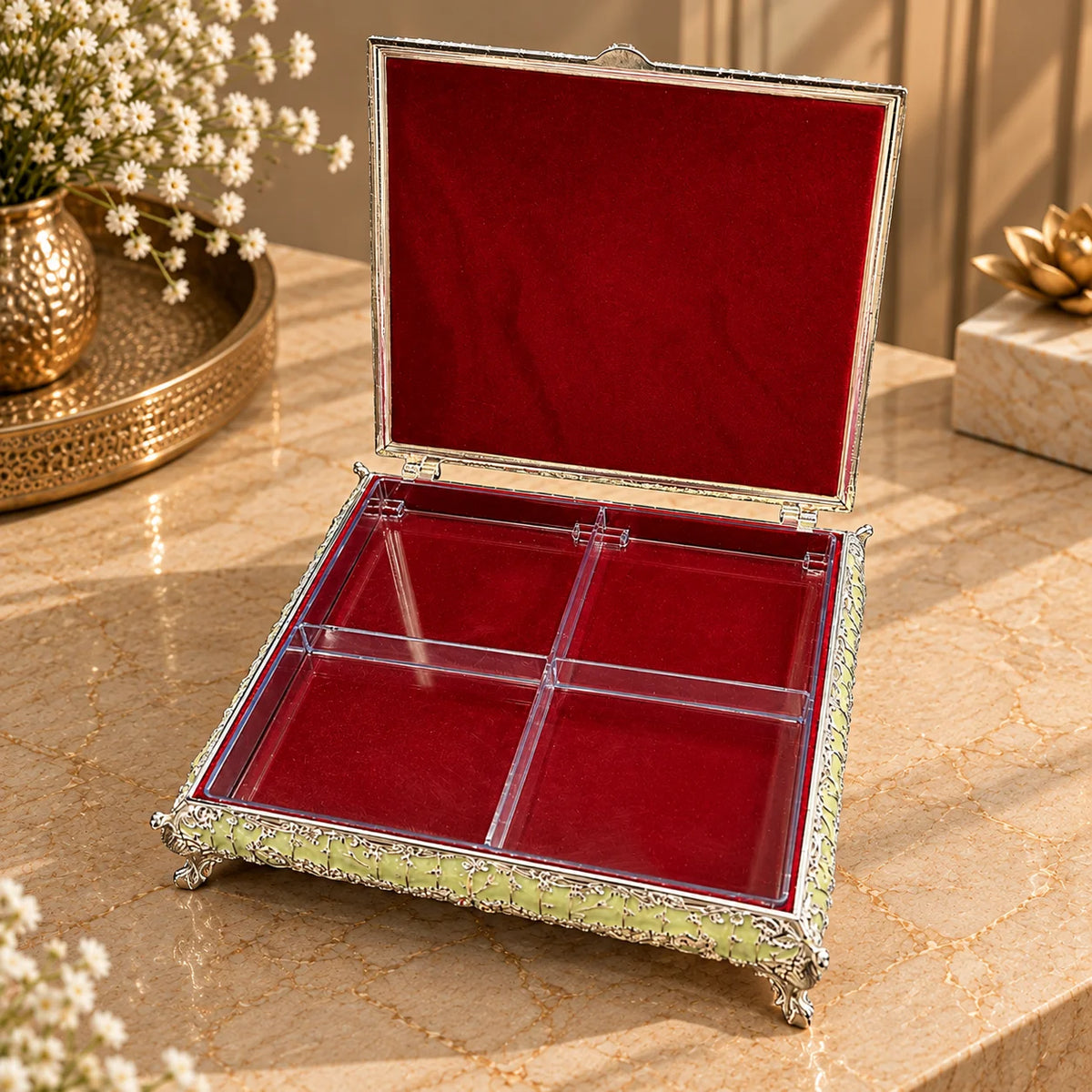 Lime Green Silver Embossed Decorative Jewellery Box