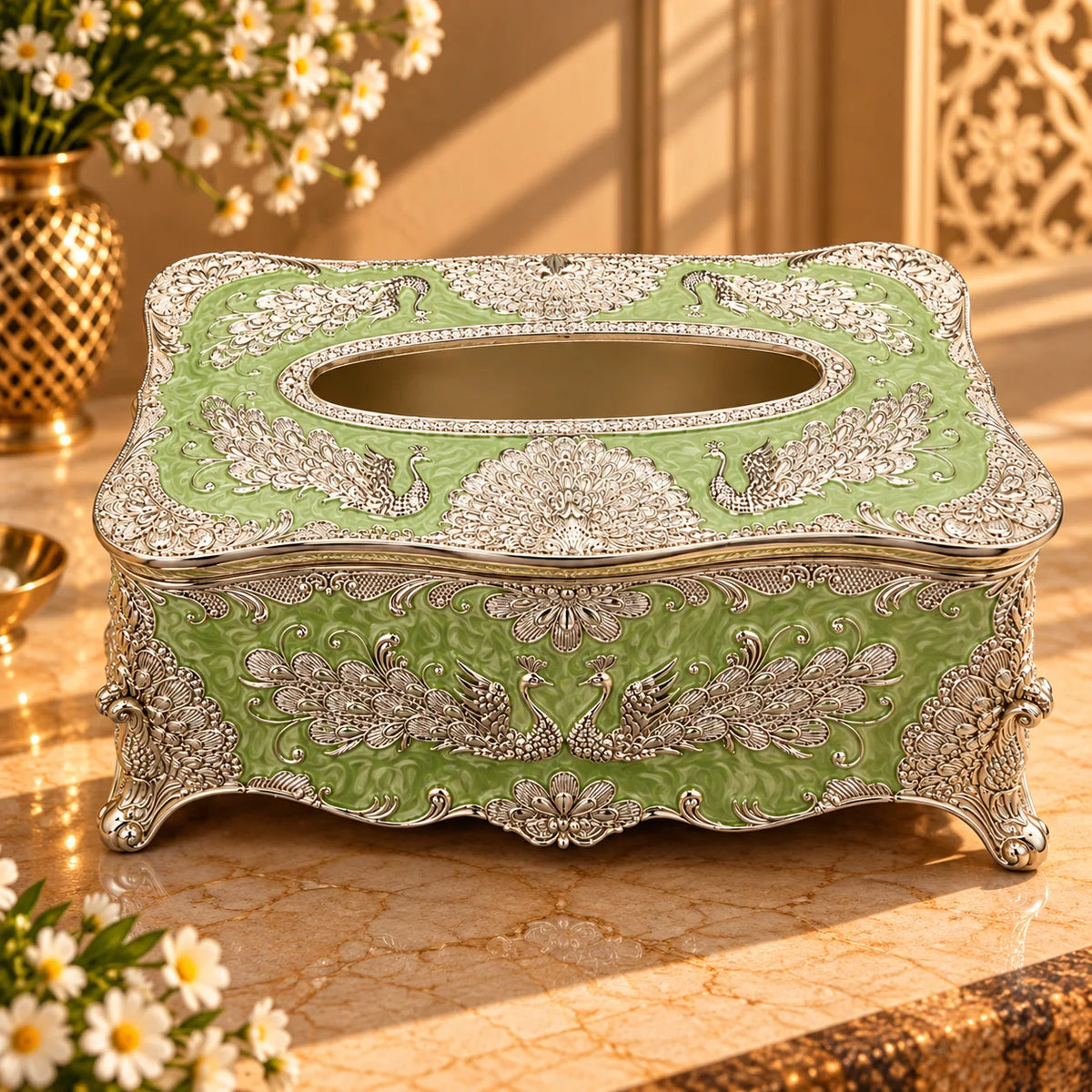 Green Peacock Decorative Tissue Box Holder