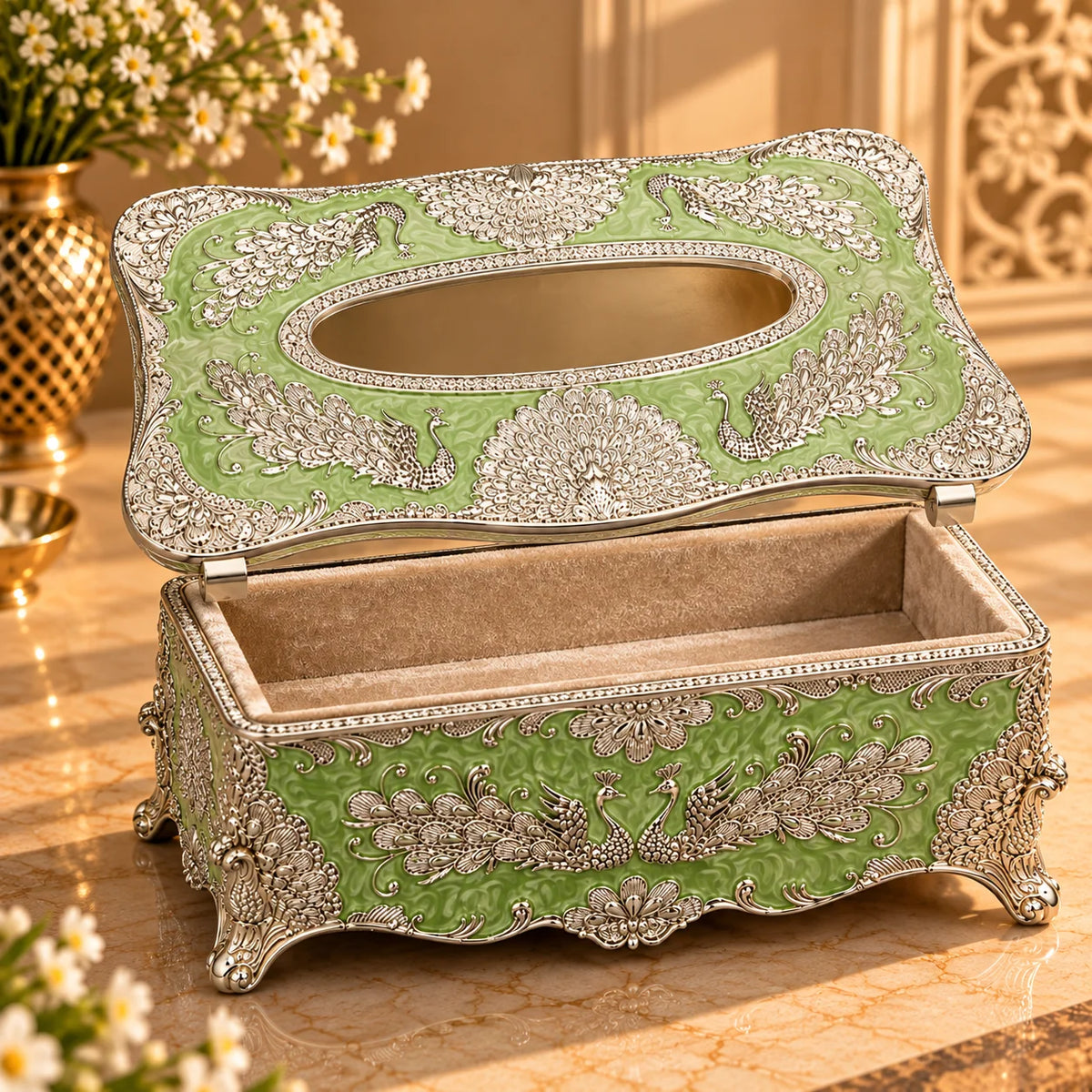 Green Peacock Decorative Tissue Box Holder