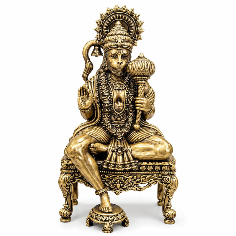 Antique Gold Sitting Hanuman Ji Statue with Ornate Throne