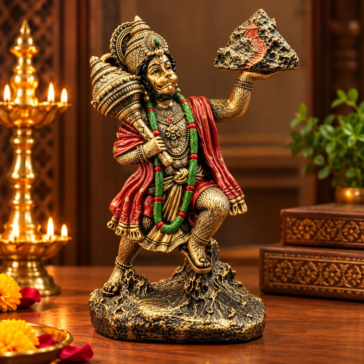 Antique Finish Lord Hanuman Statue Holding Sanjeevani Mountain