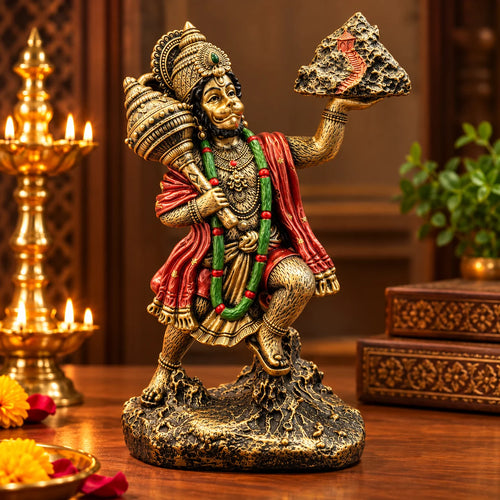 Antique Finish Lord Hanuman Statue Holding Sanjeevani Mountain