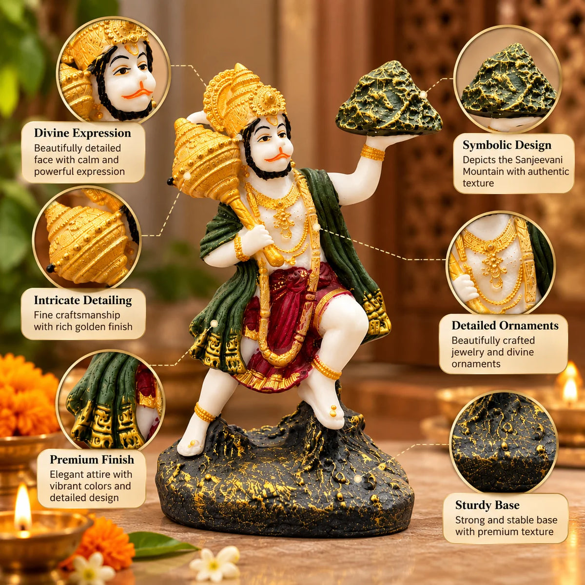 Lord Hanuman Statue | Traditional Hanuman Ji Idol with Sanjeevani Mountain