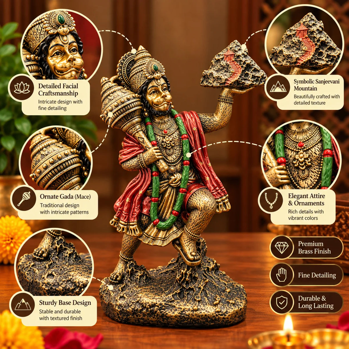Premium Antique Hanuman Statue Holding Sanjeevani Mountain